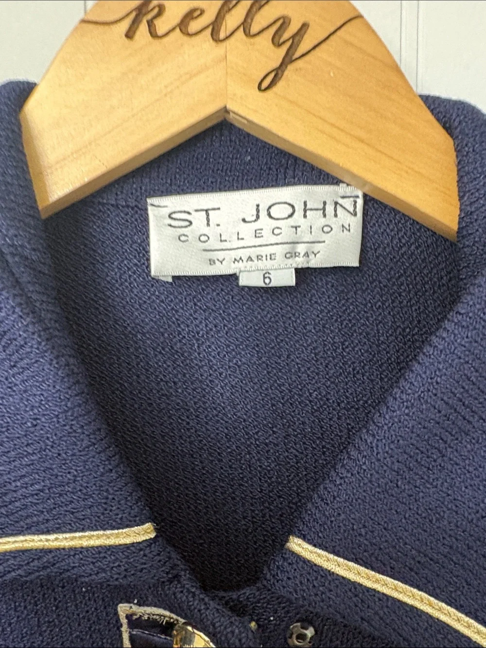 St. John Navy Blue and Gold Blazer and Skirt Suit Set Women Size 6